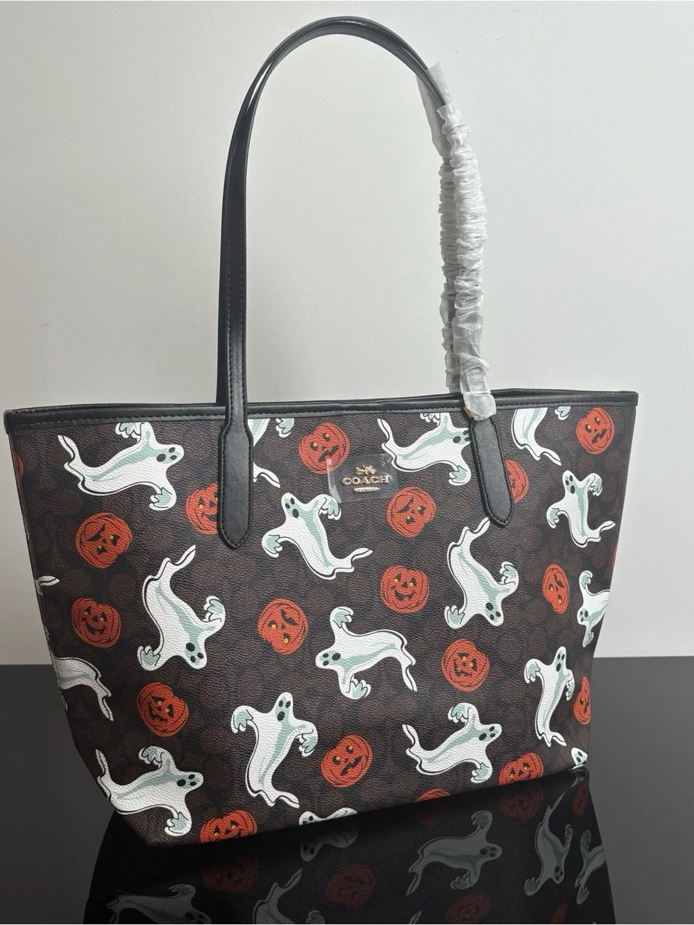 Coach Brown Tote with White Ghosts & Orange Jack-o'-lanterns